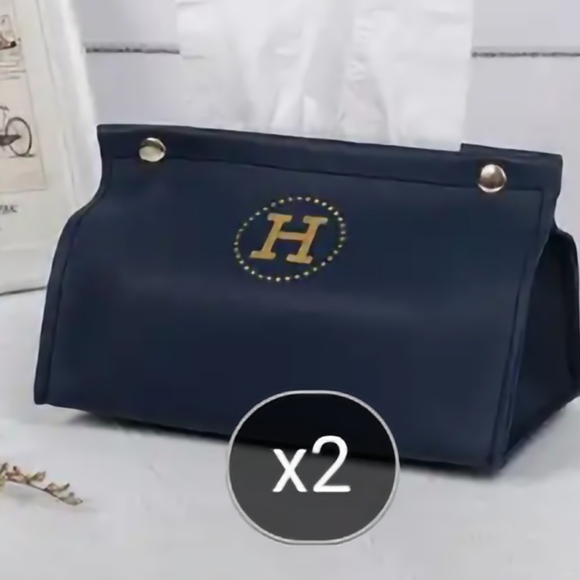 New Leather Navy/Gold H Tissue Cover - Picture 1 of 12